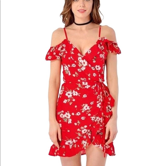 Red Floral Wrap Dress with Spaghetti straps - Picture 1 of 4